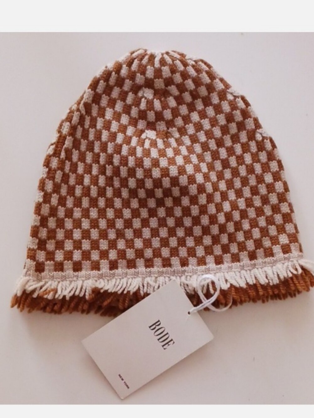 NWT BODE Brown & Cream Check Knit Beanie, 100% Marino Wool